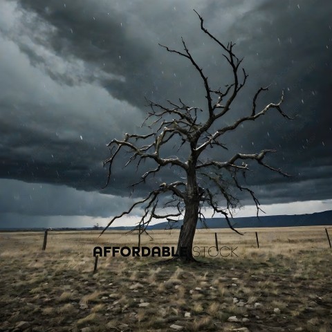 A barren tree stands alone in a field under a dark sky