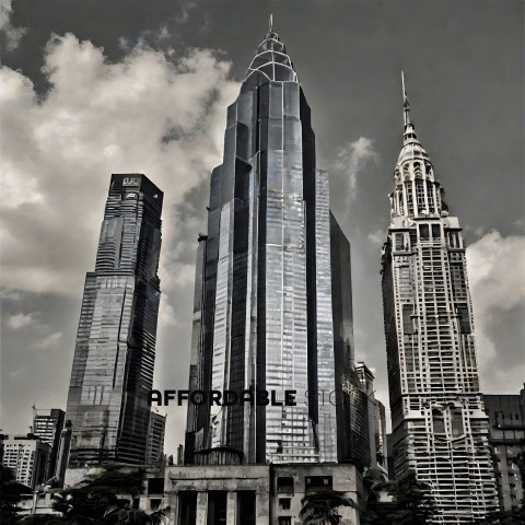 Tall buildings in a city with a cloudy sky