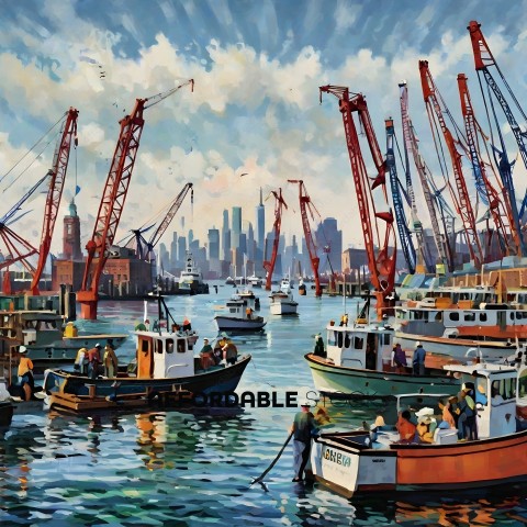 A painting of a harbor with many boats and cranes