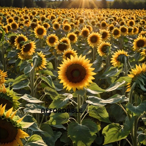 Sunflowers in a field with sunlight shining on them