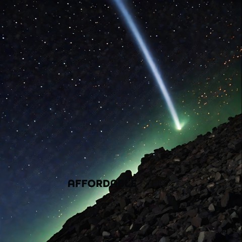 A lone light shines in the sky over a rocky landscape