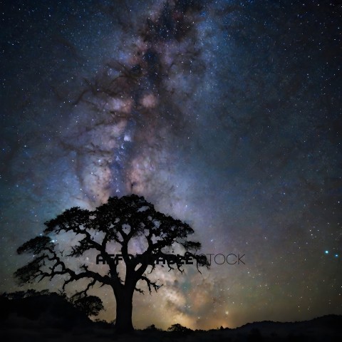 A tree stands alone in the night sky
