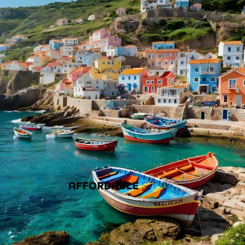 Colorful houses on a hillside overlooking a harbor with colorful boats