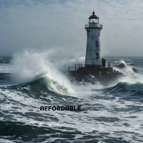 A lighthouse in the ocean with waves crashing around it