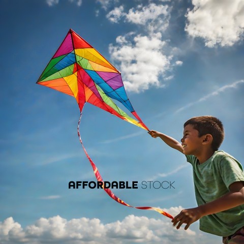 A young boy flying a kite in the sky