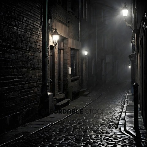 A dark alleyway with a brick building and a lamp