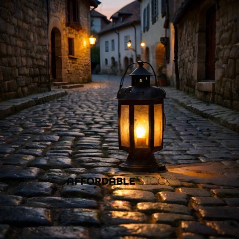 A small lantern on a cobblestone street