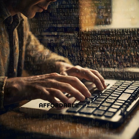 Man typing on a computer with a lot of text behind him