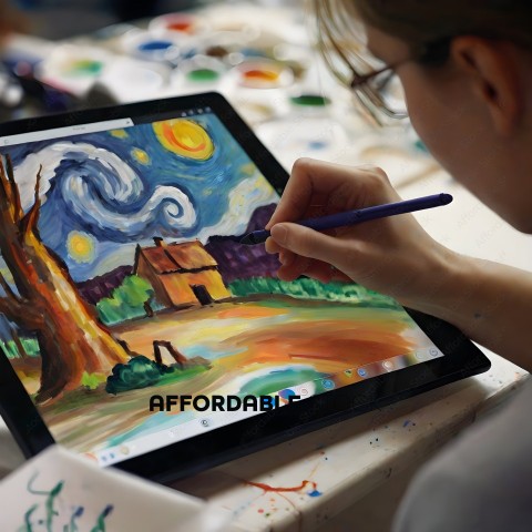 A person is painting a picture on a tablet