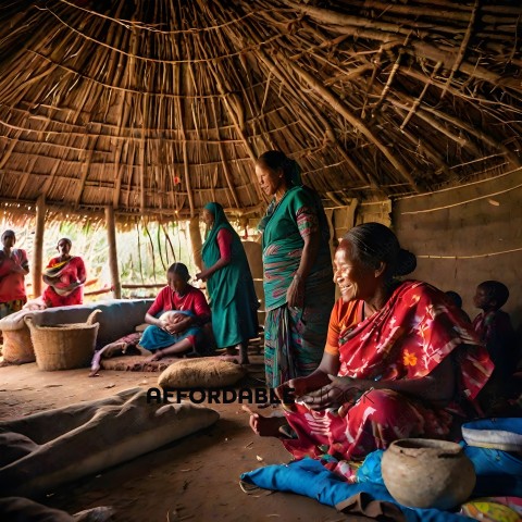 Women in a hut, one smiling, one frowning, one looking away