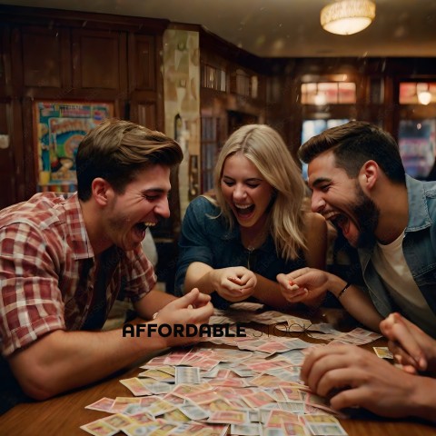 Three friends playing cards and laughing