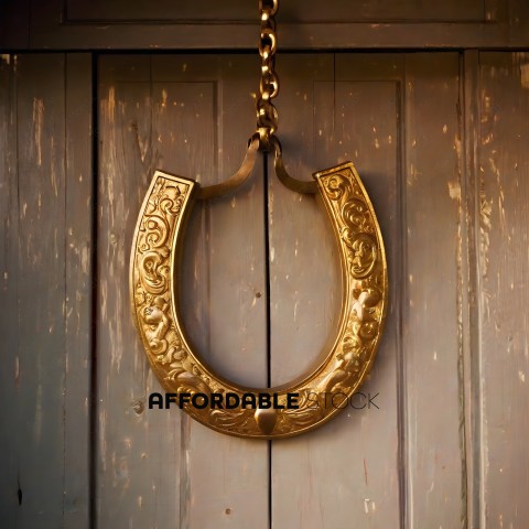 A golden horse head decoration hanging from a wooden door