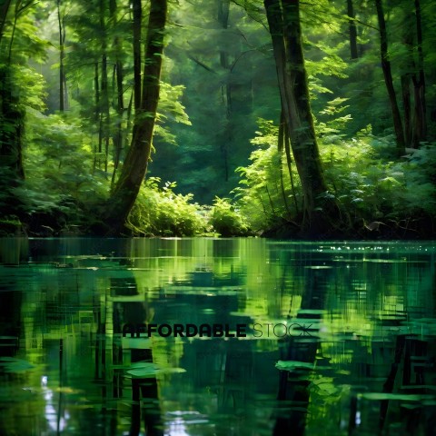 A serene forest scene with a river and lush greenery