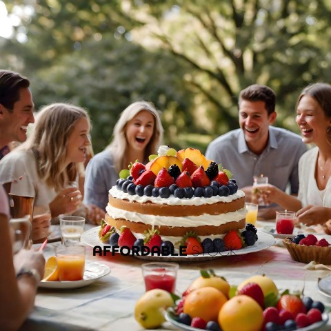 A group of people are gathered around a table with a fruit cake