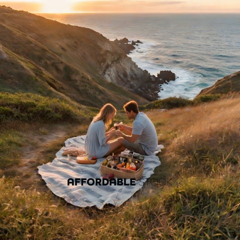 A couple enjoys a picnic on a hill overlooking the ocean