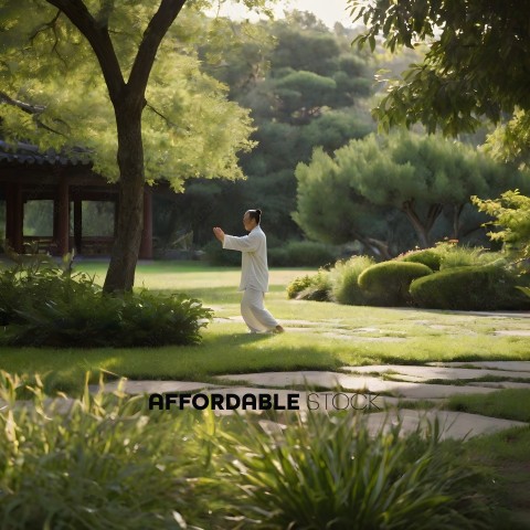 A man in a white robe is running in a park