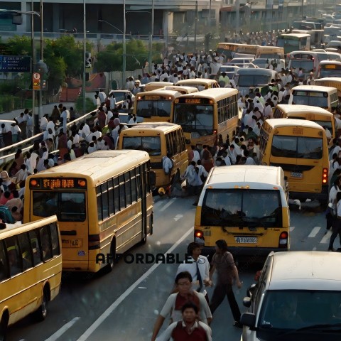 Crowd of people walking on a busy street with yellow buses