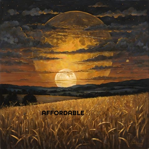 A painting of a field at sunset with a full moon
