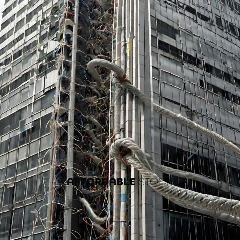 A building with many wires and a large rope