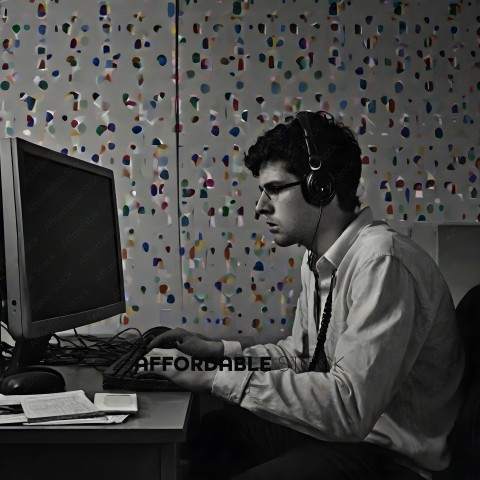 A man wearing headphones and a white shirt is sitting at a desk