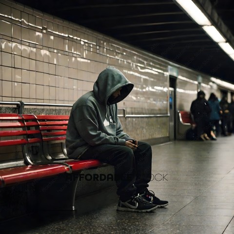 A man in a gray hoodie sitting on a bench