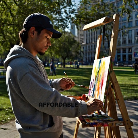Man painting a picture in a park