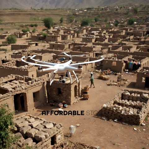 A man is flying a drone over a village