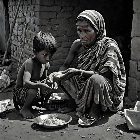 A woman and a child sitting on the ground eating