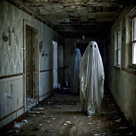 Two ghostly figures in white robes stand in a dilapidated room