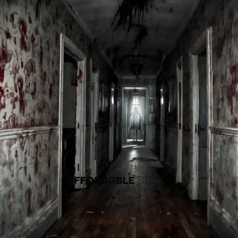 A person in a white gown is standing in a hallway with blood on the walls