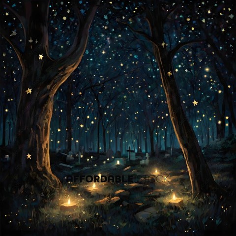 A painting of a forest at night with stars and candles