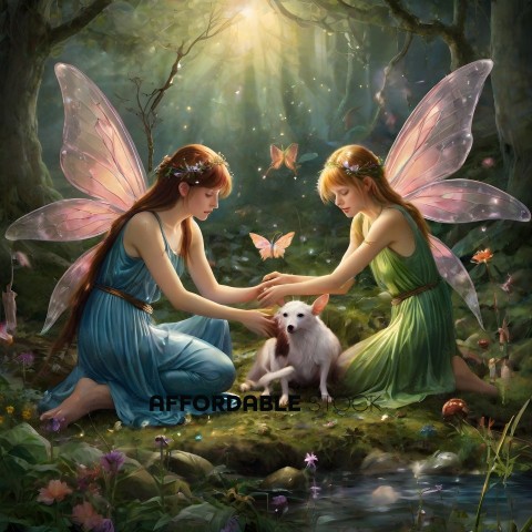 Two Fairies and a Dog in a Forest
