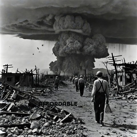 A group of people walking away from a large explosion