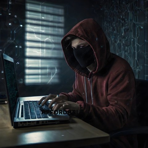 A man in a red hoodie is typing on a laptop