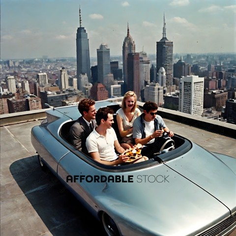 A group of four people in a silver car on a rooftop