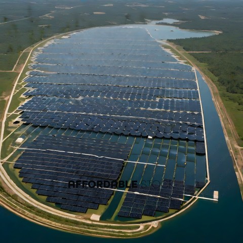 A large solar farm with a lake in the background