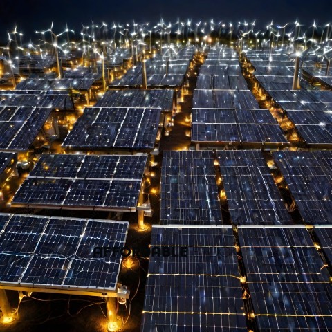 A solar farm with many solar panels lit up at night