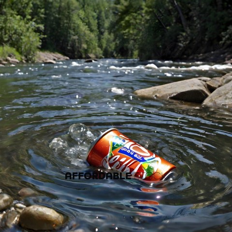 A can of coke is floating in a river