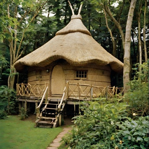 A hut made of straw and wood with a path leading to it
