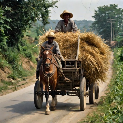 Two men in hats are riding a horse and cart down a dirt road