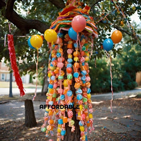 A tree with a lot of colorful balloons