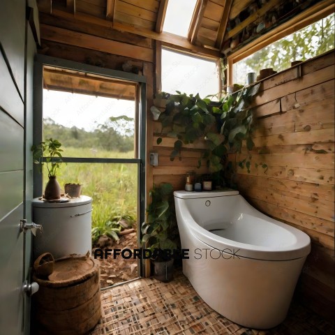 A bathroom with a bathtub and a window
