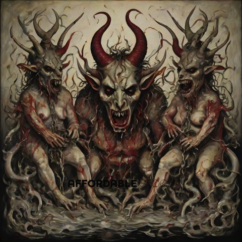A group of three demonic looking creatures with horns and blood on their faces