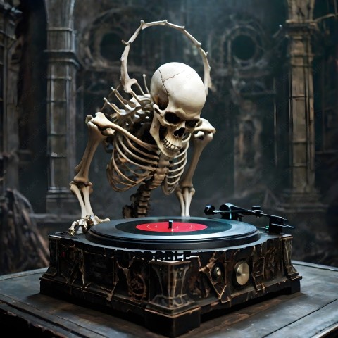 Skeleton DJing on a record player