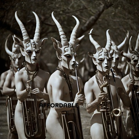 Nude men with horns and instruments