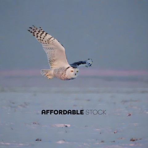 A snow owl flies over a snow covered field