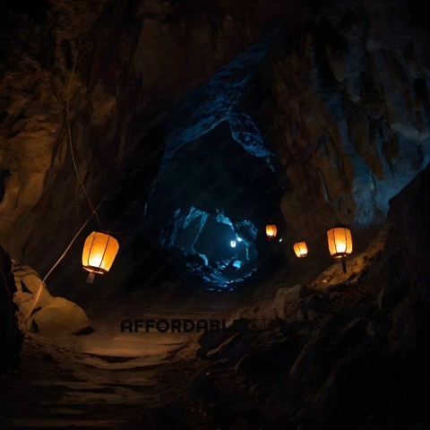 A dark tunnel with lanterns and a rock wall