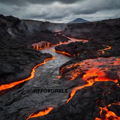 A volcano with lava flowing down the side