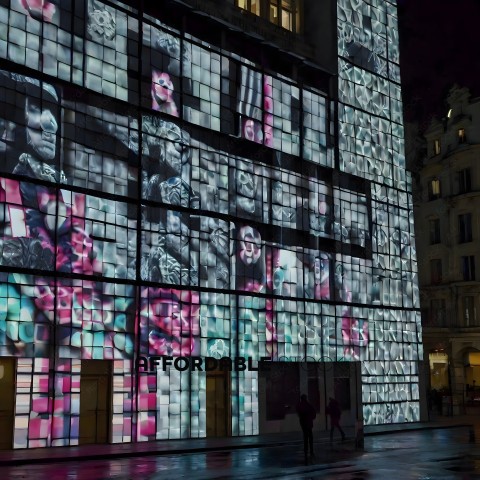 People walking in front of a building with a lighted display of faces