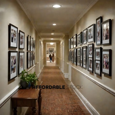 A hallway with pictures on the wall